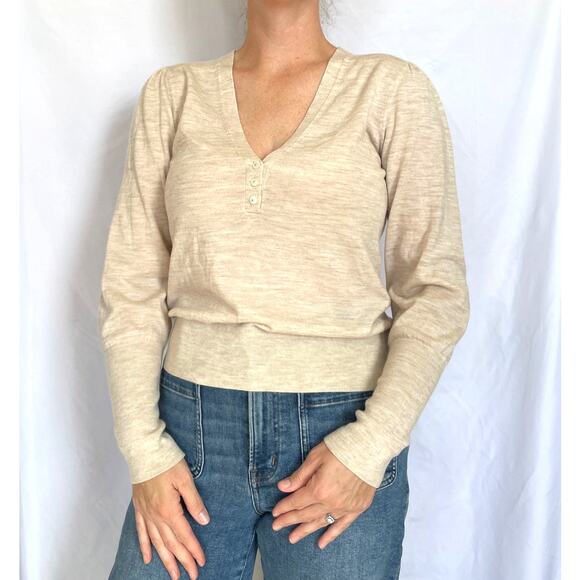 Veronica Beard Inez  Stretch Merino Deep V Henley Sweater, Oatmeal, Large - Picture 1 of 6
